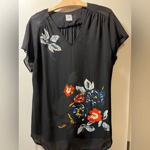 Cabi black vintage-like floral blouse -short sleeve tunic.